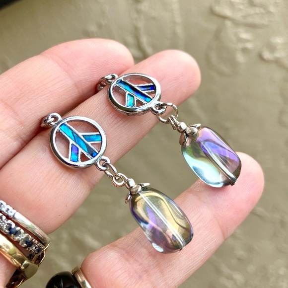Opal peace earrings . Peace sign & rainbow aura crystal dangly boho earrings - Picture 9 of 10